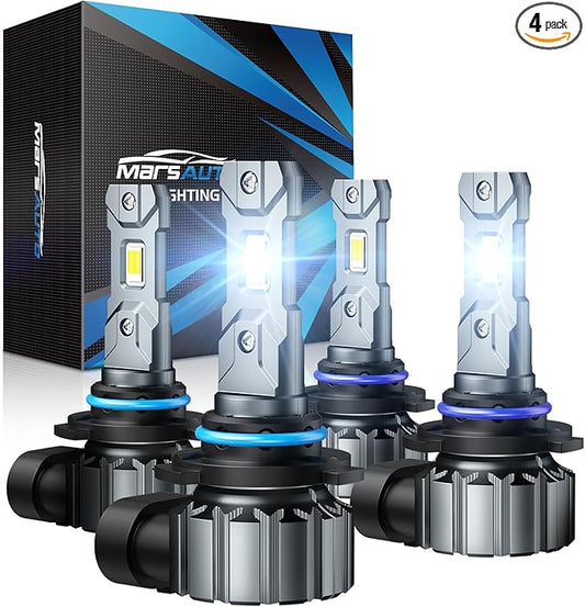 Marsauto 9005/HB3 9006/HB4 Light Bulbs Combo, 60,000LM Super Brighter M1S 9005 9006 Bulbs or Fog, 1:1 Design HB3 HB4 Lights Combo, 6000K Cool White, 3 Min Plug and Play, IP68, Pack of 4