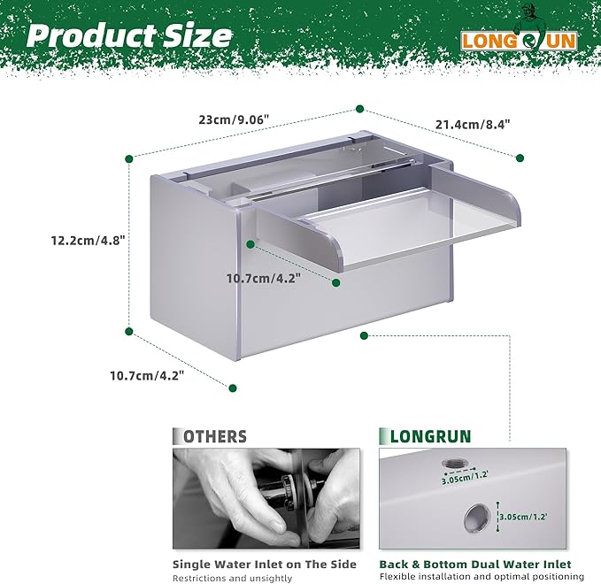 Longrun Pond Waterfall Box with Pump Kit, Transparent Acrylic Pond Waterfall Spillway with 396 GPH 1500L/H Pump for Ponds, Pond Spillway Color-Changing LED Light Strip for Garden (9.06")