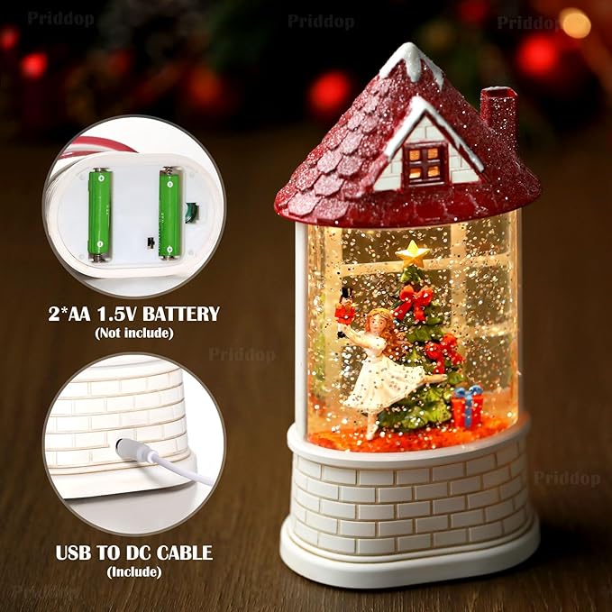 Nutcracker Ballerina Snow Globe Christmas Snow Globe with Clara and Nutcracker Ballet in Castle, Musical Tabletop Christmas Decorations Decor with Swirling Glitter, USB or Battery Powered