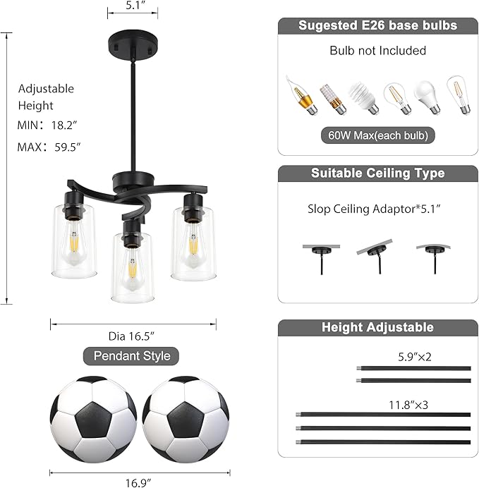 3-Light Modern Farmhouse Chandelier for Dining Room Light Fixtures，16.5" Black Kitchen Island Pendant Lighting, Adjustable Hanging Light for Dining Room with Clear Glass Shades