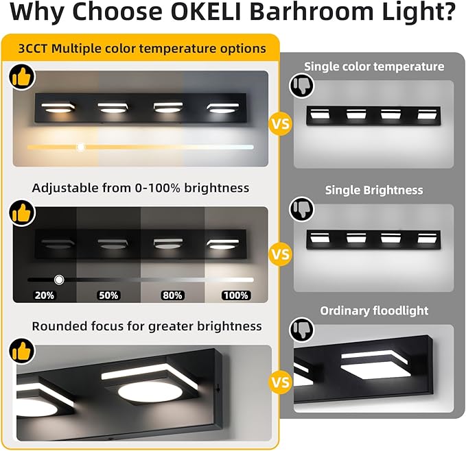 OKELI 4-Light LED Bathroom Vanity Light Fixtures, Matte Black Modern Bathroom Wall Lighting Fixtures Over Mirror (3CCT, 3000K-6000K)