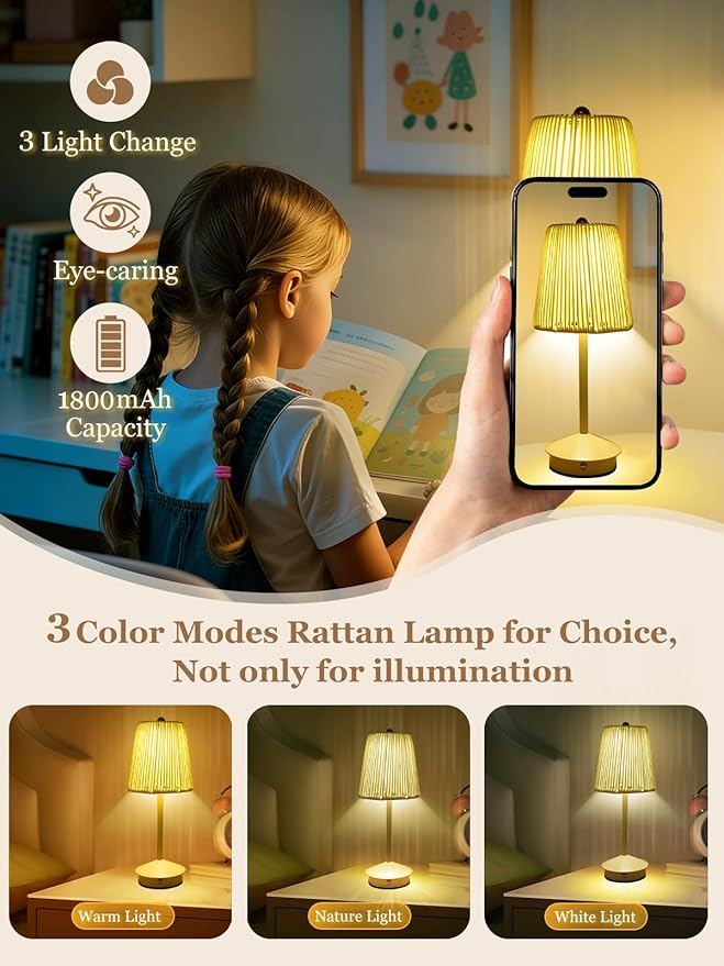 Boho Rattan Table Lamp, Cordless Wicker Woven Vintage Table Lamp - LED Rechargeable Touch Control 3 Color Dimmable Reading Bedside Lamp for Bedroom Living Room Office, Home Outdoor Decor (White-3)