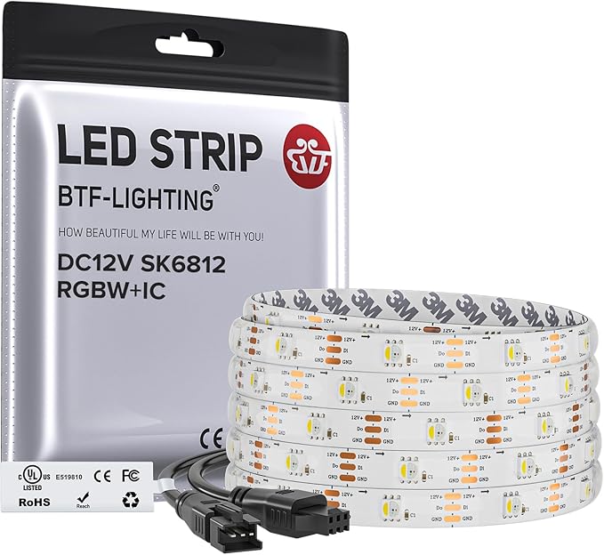 BTF-LIGHTING SK6812(Similar WS2812B) UL Listed RGBW RGB+Natural White(4000K) Individually Addressable DC12V 16.4FT 30LED/m 4 Color in 1 Light Dream LED Strip IP65 White PCB(No Adapter or Controller)