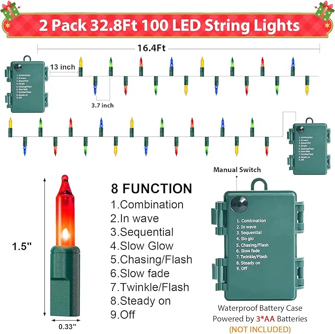 2 Pack 100 LED Outdoor Christmas Lights, 35FT Battery Operated Mini String Lights with 8 Modes & Timer Xmas Tree Lights Waterproof for Patio Garden Party Wedding Holiday Decor Multi-Color