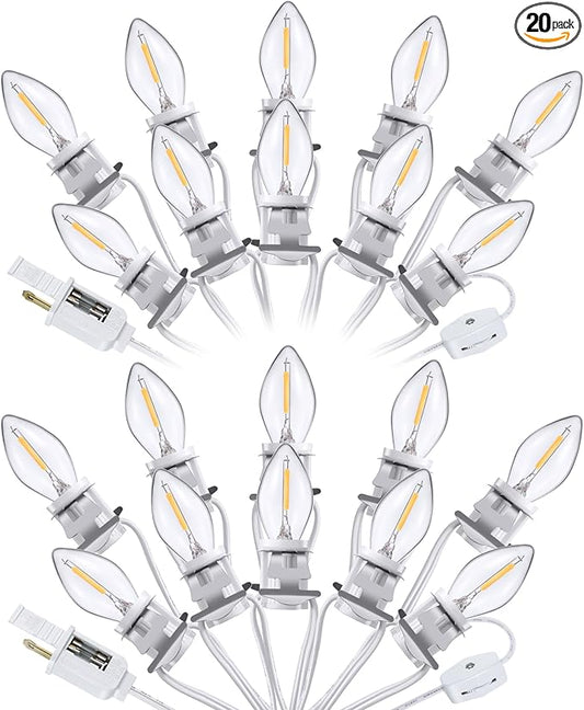 Meonum 2 Pack Accessory Cord with 20 LED Light Bulb C7 Cord Clip Christmas Village Lights with Double Spare Fuse Blow Mold String Lights Decoration for Xmas Village House Pumpkin Crafts