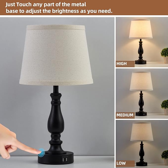 Lamps for Bedroom Set of 2,Touch Bedside Table Lamp with USB C+A Ports,3 Way Dimmable Nightstand Lamps with Round Fabric Linen Lampshade for Living Room Reading Bed Side End Table,Bulbs Included