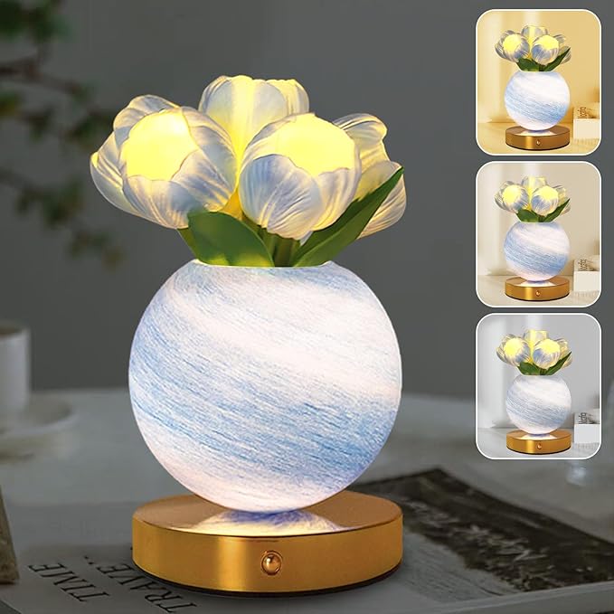 Tulip Table Lamp, Rechargeable Cordless Touch Dimming Artificial Tulip Flower Desk Lamp, LED Flower Bedside Night Light Romantic Gifts for Girl Women Mom (Blue Tulip)