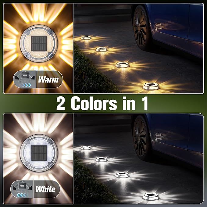 VOLISUN Solar Driveway Deck Lights Dock Marine Lights,16 Pack Solar Ground Light 2 Colors in 1 led Waterproof,Driveway Marker Light for Pathway Warning Step (White/Warm White),Auto On/Off