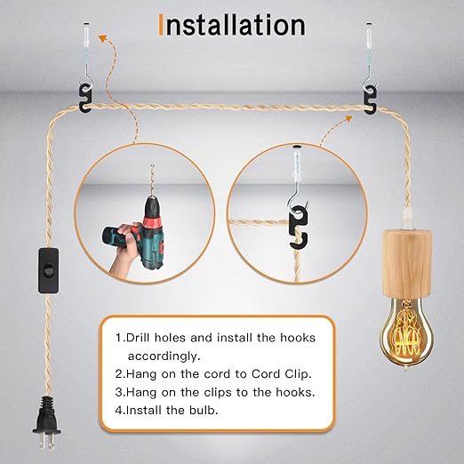 15FT Wood Pendant Light Cord Kit, Swag Hanging Lamp Kit with Plug In & Switch, Hanging Lights DIY Farmhouse Industrial E26 Socket Pendant Light Fixtures Vintage 15ft Twisted Cloth Covered Wire