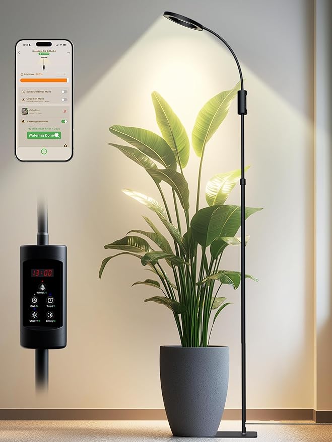 Smart Grow Lights for Indoor Plants,24W Plant Light with Auto-Timer,Full Spectrum LED Grow Light, Adjustable Height & Stepless Dimming,Plant Assistant Suitable for Most Plants (Black, 24W)