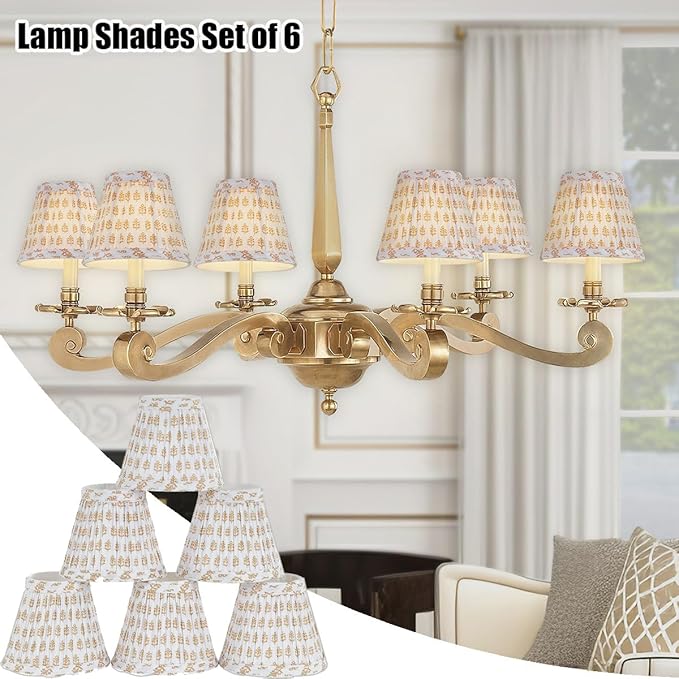 Chandelier Shades Set Of 6,Mini Lamp Shade 3" Top x 5.5" Bottom x 4.7" Slant ,Small Lamp Shades Clip On Bulb,Pleated Chandelier Lamp Shades,Fabric Lampshades That Attach To The Bulb(Brown Floral)