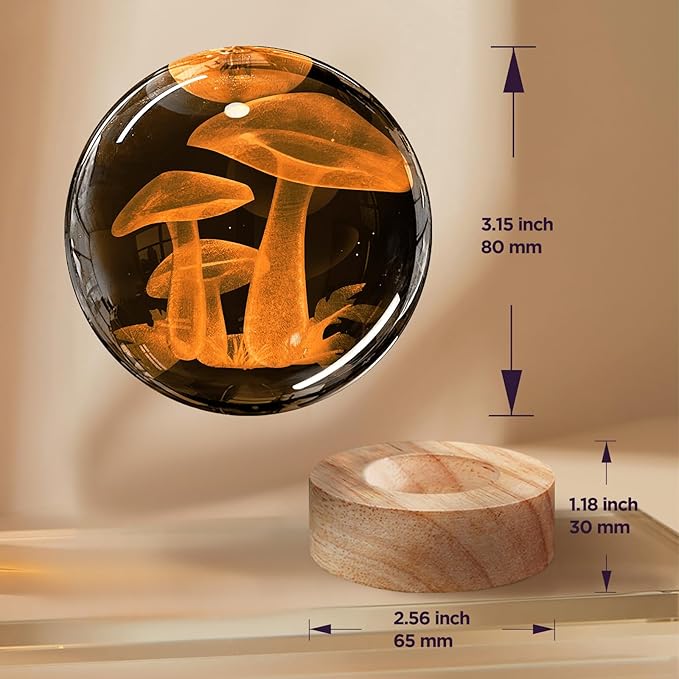 3D Crystal Ball Night Light with Wooden Base, Mushroom Glass Ball Lamp with 16 Colors and Remote Control - Cool Desk Decor Gift for Kids and Friends