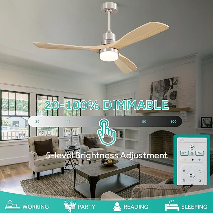 Sofucor 52" Ceiling Fan with Lights and Remote Control, Indoor Outdoor Modern Wood Ceiling Fan for Farmhouse Bedroom Living Room Pation Porch, with Reversible DC Motor, 6 Speeds, 3 Color Temperature