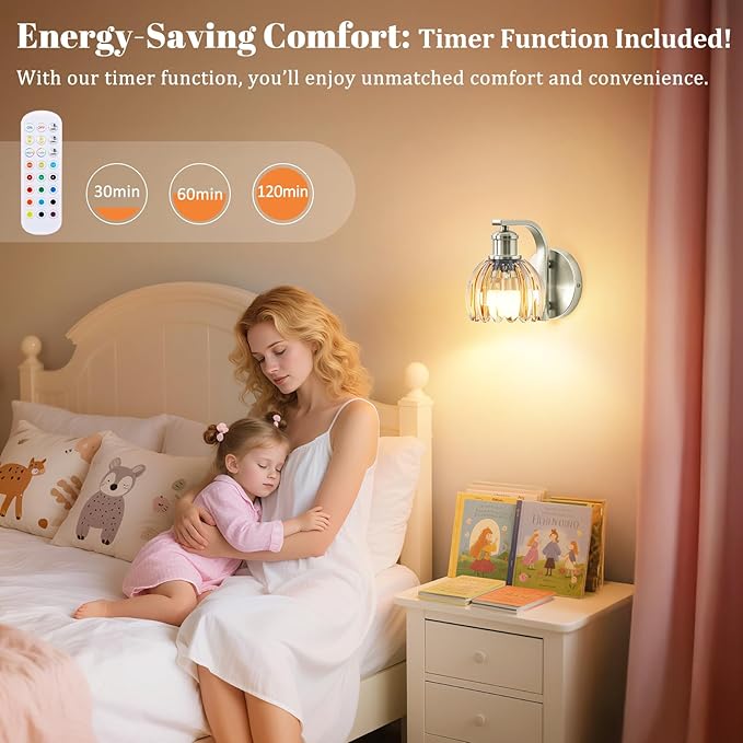 Rechargeable Battery Operated Wall Sconce with Amber Glass Lampshade, Wireless Wall Scone Decor with Remote Control, 15 Colors Brushed Nickle Wall Light for Bedside Hallway Bedroom Doorway