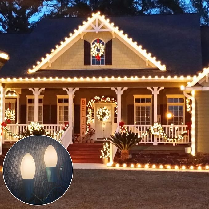 SUNSGNE 25 Pack C9 Incandescent Christmas Light Bulbs, 7 Watt Night Light Bulbs for Outdoor String Lights, Candle Lamps, Night Lights, White, E17 Intermediate Base