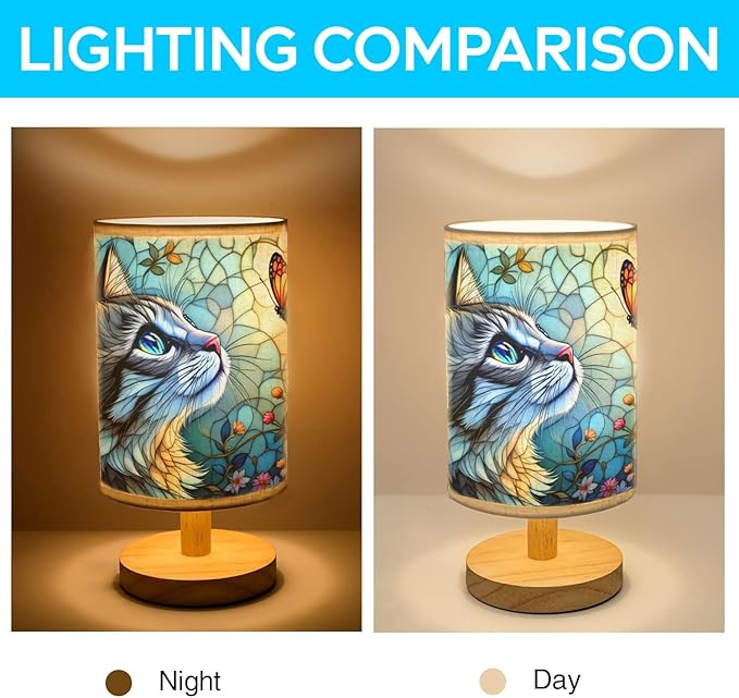 Cat and Butterfly Table Lamp LED 3-Color Pressed Bedside, Cat and Butterfly Shade Lamp with Wood Base for Bedroom Living Room Desk Office TL01