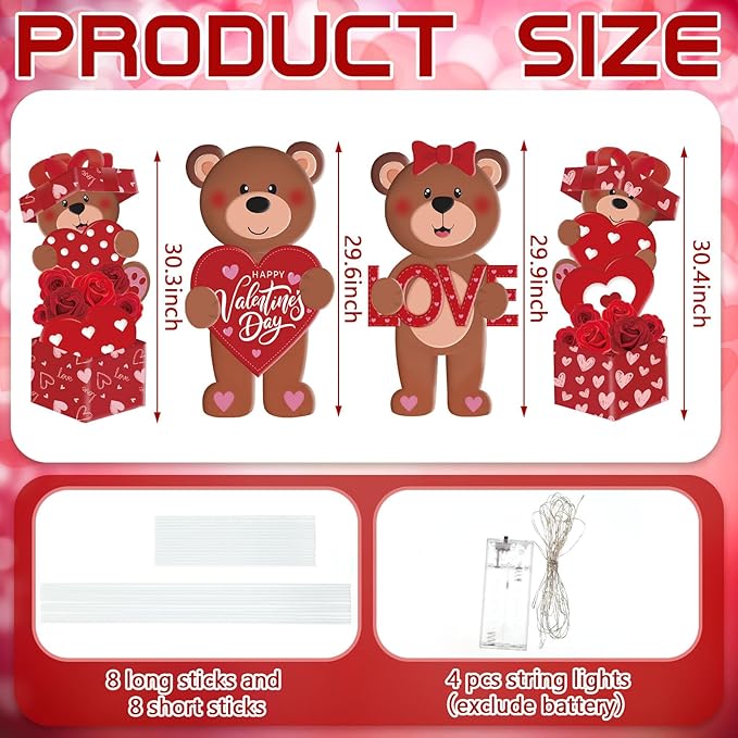 Bencailor 4 Pcs Valentine's Day Outdoor Decorations Valentine's Day Bear Yard Signs Stakes with LED Light Love Bear Heart Rose Lawn Decor for Holiday Lawn Patio Party Wedding Anniversary Decor