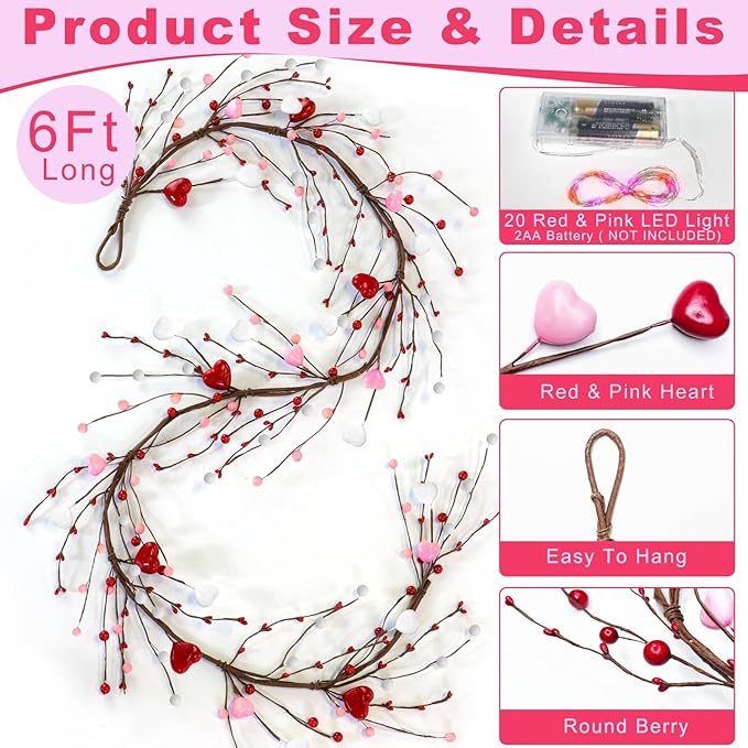 6Ft 20LED Valentines Day Decorations, Valentines Day Garland with Red & Pink Lights Timer Red Pink White Hearts Berried Artificial Lighted Valentine Garland for Home Table Mantle Wedding Decorations