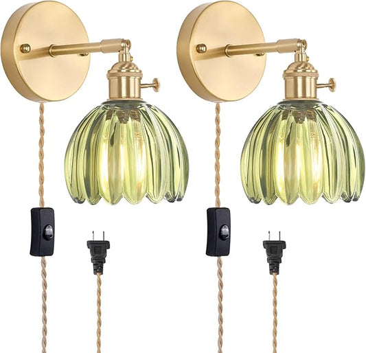Plug in Wall Sconce, Green Tulip Glass Lampshade Wall Light Plugin Corded for Bedside Bedroom Doorway, 2 Pack