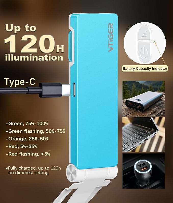 VTIGER Reading Light, USB Rechargeable Book Light for Reading in Bed,Foldable Clip-on LED Booklight, 3 Amber Colors & 4 Brightness Dimmable,Long Lasting Portable Bookmark Lamp for Book Lovers, Kids