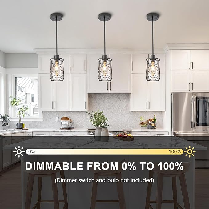 Refice Glass Pendant Lights Kitchen Island, Black Kitchen Hanging Light with Clear Glass, Farmhouse Cage Mini Pendant Lighting for Sink Dining Room Bedroom Bar, 2 Pack