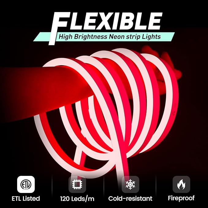 GZBtech Flexible LED Neon Rope Lights 16.4FT,AC 110-120V Waterproof Strip Light, 120LEDs/M Cuttable Connectable Neon Lighting for Indoor Outdoor Home Decor/Commercial Building Use-Red 5M, ETL Listed