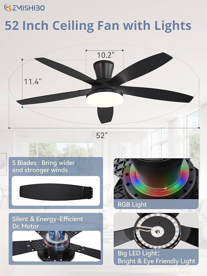 ZMISHIBO 52 inch RGB Ceiling Fans with Lights and Remote/APP Control,Black Low Profile Ceiling Fan with Quiet DC Motor,LED Dimmable, Modern Flush Mount Ceiling Fan for Bedroom Indoor,Party, Patio