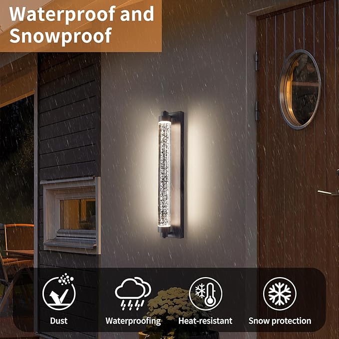 Black Outdoor Wall Sconce, 23.6inch Bubble Crystal Modern Wall Mounted Lights, 3000K-6500K Dimmable Waterproof LED Exterior Lamp Lighting for Porch, Garage, Patio, Living Room, Indoor