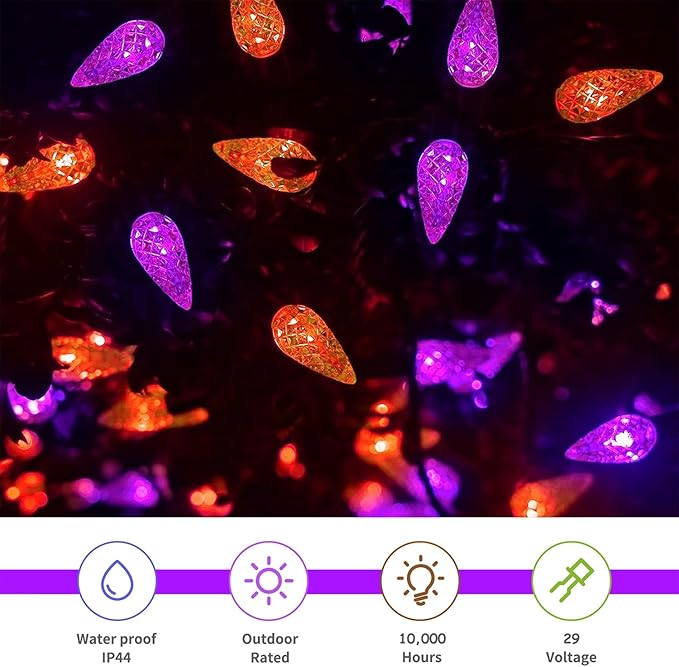 WATERGLIDE Halloween C6 String Lights, 33ft 100 LED Black Wire Fairy Lights with 29V Safe Adaptor, 8 Lighting Mode, Waterproof for Indoor Outdoor Patio Xmas Tree Party Decor, Orange & Purple