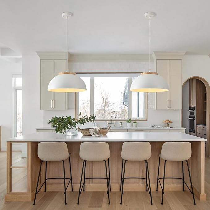 White Pendant Light 2 Pack, 16" Large Pendant Lights Kitchen Island with Wooden Holder, Farmhouse Pendant Light Fixtures for Dining Room, Living Room, Bedroom, Entryway, Hallway, Bar, Sink
