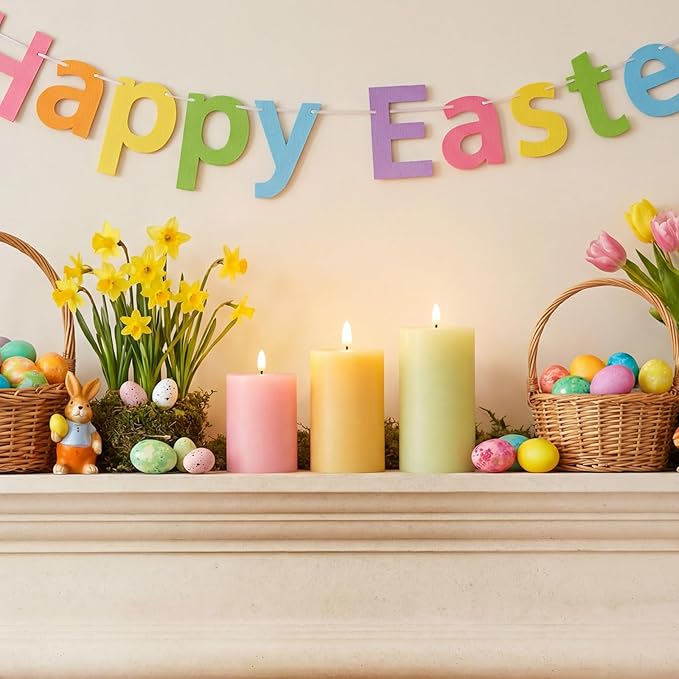3 Pcs Easter Flameless Candles Battery Operated LED Flickering Pillar Candles with Remote Real Wax Pastel Spring Table Decor for Easter Party Wedding Table Centerpiece Home Decorations