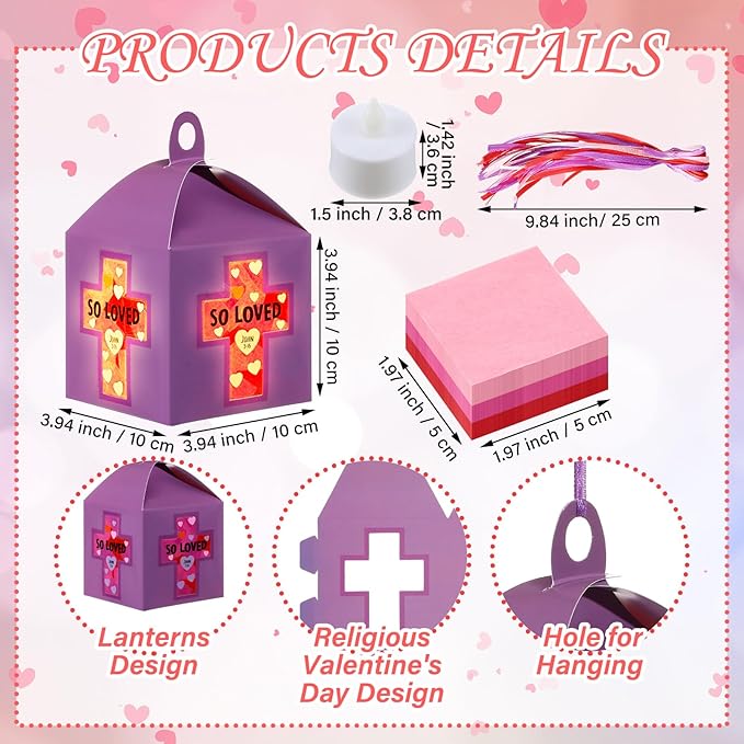 12 Sets Religious Valentine's Day Crafts with LED Candlelight Valentine's Day Cross Tissue Paper Crafts Kits DIY Cross Suncatchers Lanterns Hanging for Sunday School Christian Decoration