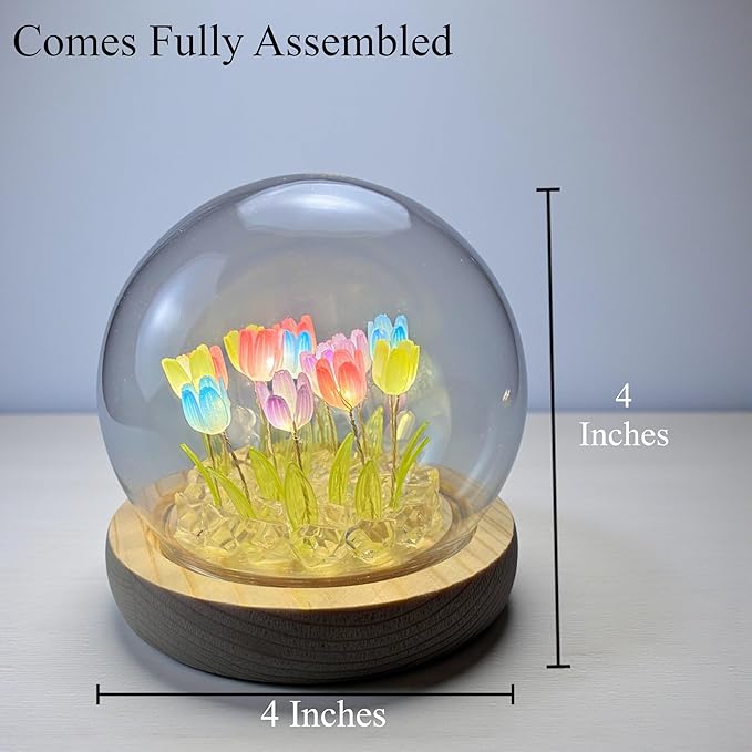 Tulip Lamp Glass Globe - Illuminated Flower Lamp with Glowing Blooms on Wooden Base - Battery-Powered Decorative Night Light for Bedroom, Living Room & Home Decor
