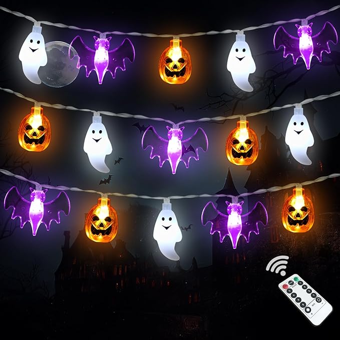 Halloween Lights Battery Operated -16FT 30 LED 3D Waterproof Ghost Bat Pumpkin String Lights with Timer-8 Lighting Modes Hanging Decor for Home Room Door Window Indoor Outdoor Porch Party Decorations