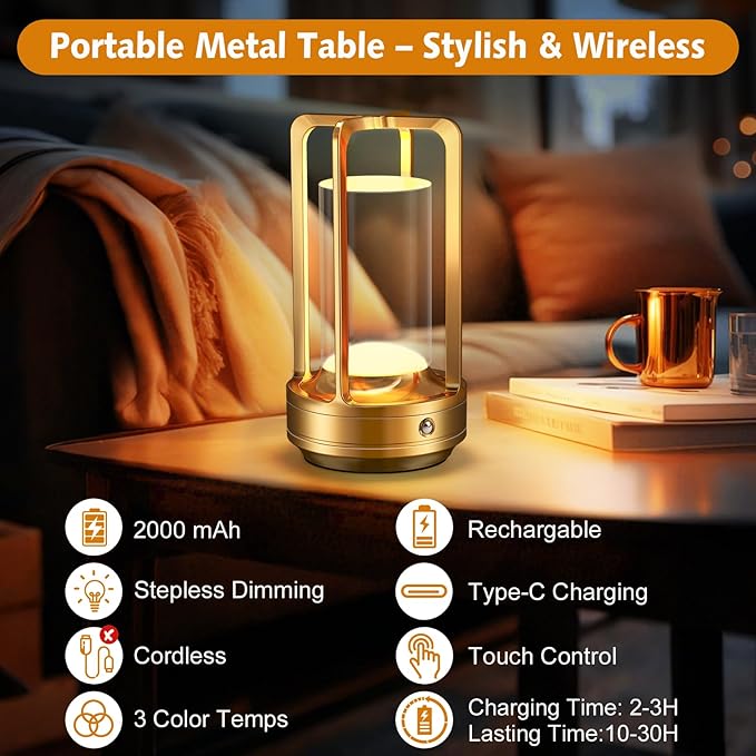 Rechargeable Table Lamp for Outdoor Indoor: Cordless Portable Table Lamps with 3 Color Stepless Dimmable - LED Metal Battery Operated Lantern - Small Table Lamp for Bedroom/Bar/Coffee Shop/Camping