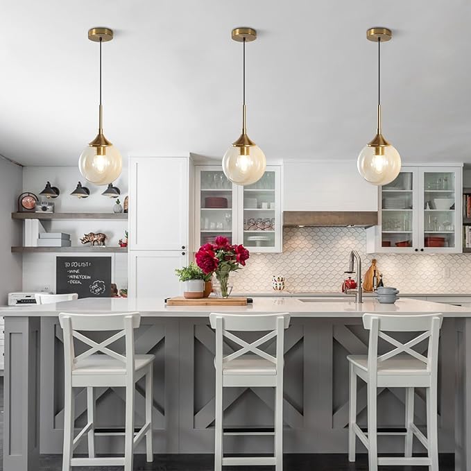 KCO Lighting Mid Century Modern Pendant Chandelier Amber Glass Hanging Lamp Gold Globe Pendant Lights Kitchen Island Brushed Brass Pendant Light Large Kitchen Pendant Lighting Over Island