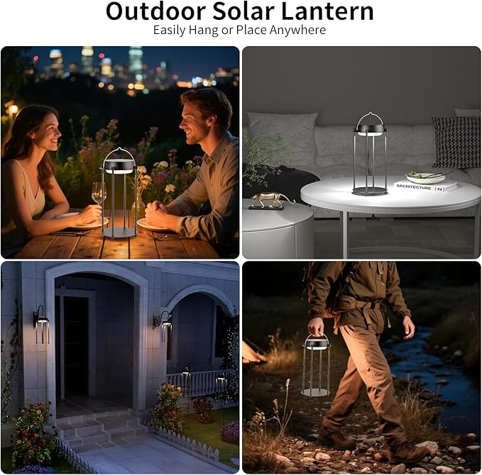 Solar Lanterns Outdoor Waterproof, LED Hanging Solar Lights for Outside, 3 Color Modes Dimmable, Rechargeable Table Lamp Indoor Decor, Solar Powered Lantern for Garden Yard Porch Patio, Black