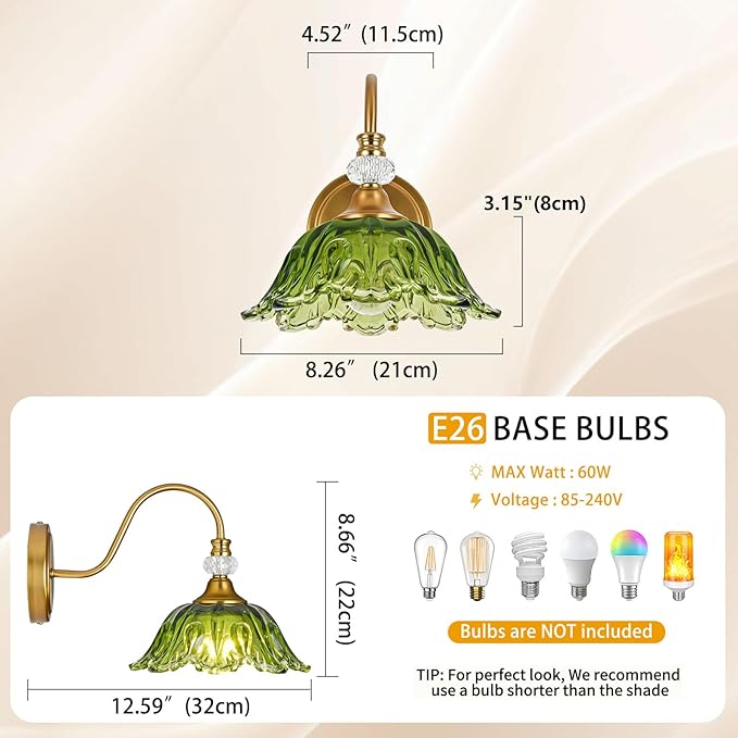 1 Piece Vintage Wall Sconce with Floral Green Glass Shade, Matte Brass Finish Wall Sconce for Bathroom, Vintage Bathroom Vanity Light Fixture