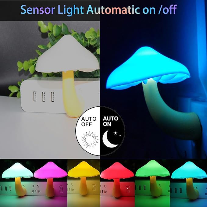 AUSAYE 3 Pack Sensor LED Night Light Plug in Lamp 7 Color Changing Mushroom Light Cute Night Lights for Adults Kids NightLight Bedroom,Bathroom,Toilet,Hallway,Stairs,Kitchen,Basement