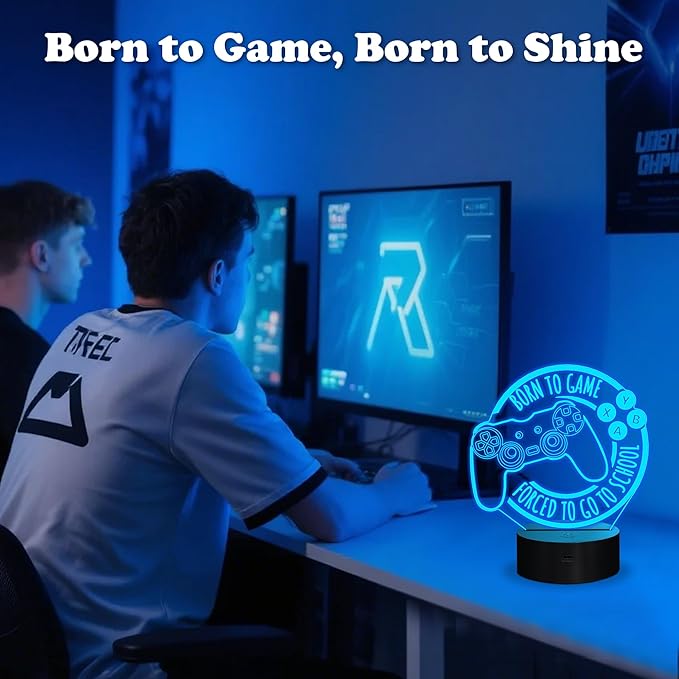 Game Night Light, Game Lamp for Kids, Game Console Night Light Gift, Christmas Holiday Birthday Gifts for Boys Boyfriend Him,Born to Game Forced to Go to School Lamp