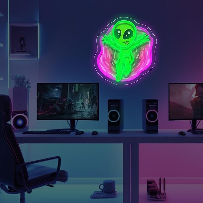 Alien LED Neon Sign, Green UFO Alien Neon Light for Wall Decor, USB Powered Neon Wall Light for Game Room, Bedroom, Party, Bar, with UV