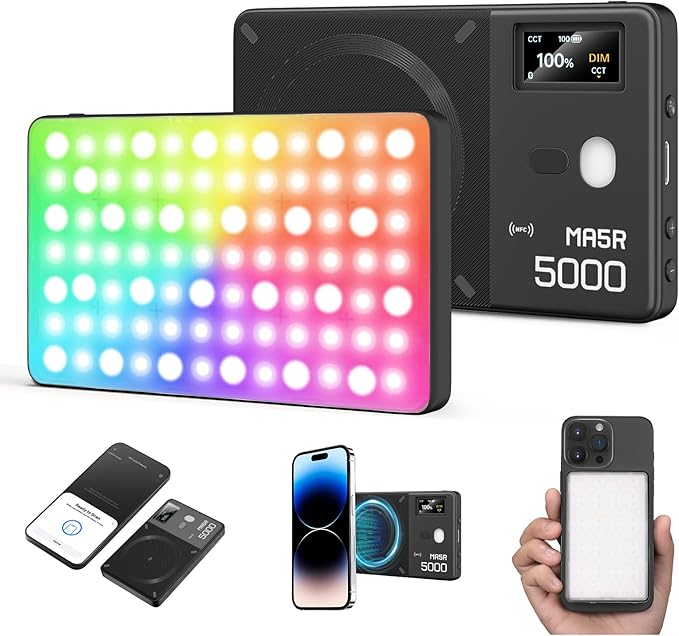 GODOX MA5R LED Fill Light with Soft Diffuser Magnetic Charging Phone Selfie Lighting Mini on Camera Lights 1800K-10000K 14 FX Modes for Selfies, YouTube, TikTok, Vlogging, Video Conferences (Black)