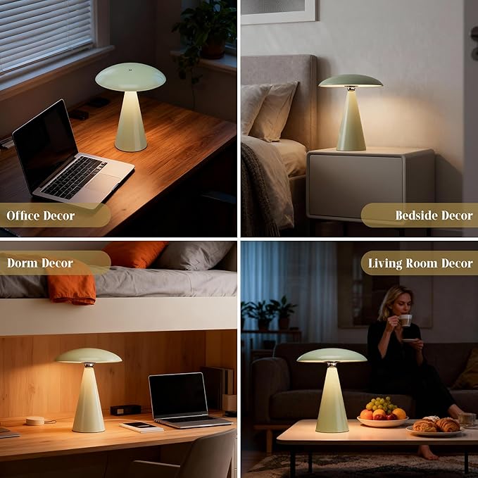 Mushroom Aesthetic Cute Lamp,Magnetic Mid Century Modern Lamp with 3-Mode Lighting for Unique Home Mushroom Decor,Cordless USB-C Rechargeable Lamps for Bedside/Dorm/Office Decor(Avocado Green)