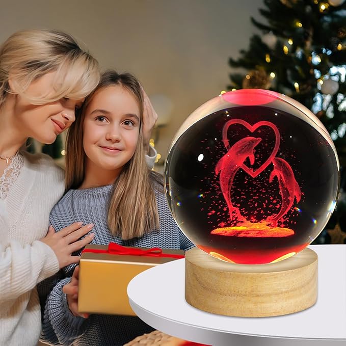 3D Dolphin Crystal Ball Night Light, Upgraded 3.15 Inch Glass Ball Lamp with 16 Color LED Wooden Base, Dolphin Decor Birthday Holiday Christmas Gifts for Boys Girls Friends