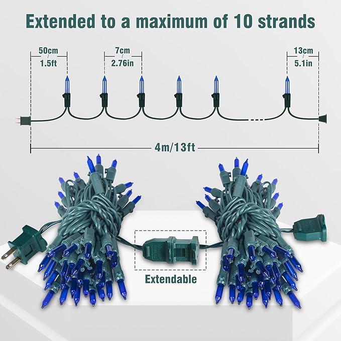 Hopolon Blue Christmas Lights, 13 Feet 50 Count String Light Green Wire, Pack of 2 Sets Incandescent Mini Lights for Indoor Outdoor Christmas Tree Garland Halloween Party Home Festival Decor,Blue