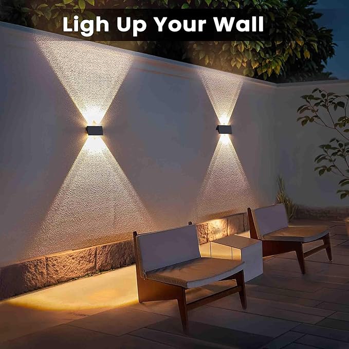 Fence Lights Solar Powered, 4-Pack Solar Fence Lights Up/Down Flexible Buttons, IP67 Waterproof for Outdoor, 100LM Bright, Auto Dusk to Dawn for Wall/Stairs/Yard/Railing/Deck/Pathway (Warm White)