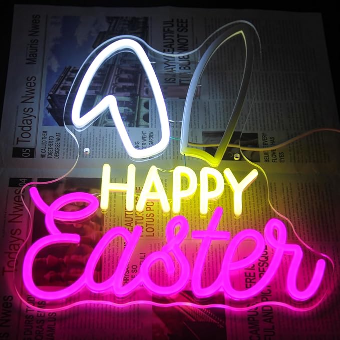 Happy Easter Neon Sign for Wall Dimmable Bunny LED Light Sign for Bedroom Kids Room Pink White Rabbit Decor Easter Lights for Holiday Party Supplies Cute Animal Night Light Gift 15" x 12.6"