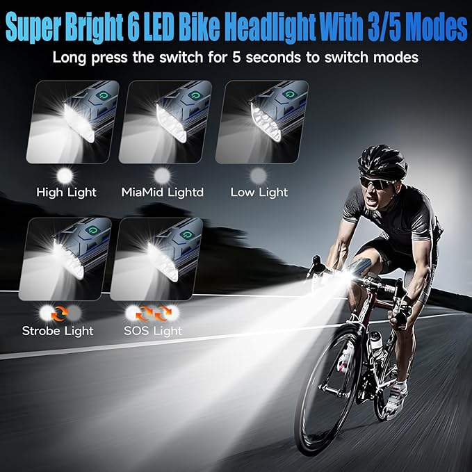 2026 Lumen Bike Lights,Super Bright 6 LED Rechargeable Bicycle Light,10 Mode Headlight Taillight,360°Rotatable Brackt,Aluminum Waterproof Light,Runtime 48+ hrs,Shockproof for Road,Mountain