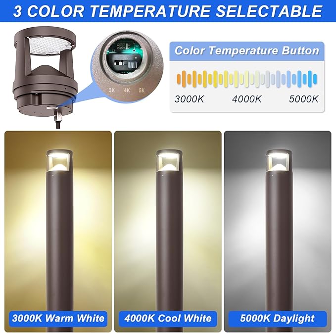 LED Bollard Landscape Light, 42" 24W Outdoor Pathway Light, 3CCT Selectable (3000K/4000K/5000K), IP65 Waterproof, 0-10V Dimmable Commercial Landscape Lighting for Garden, Walkway, Die-cast Aluminum