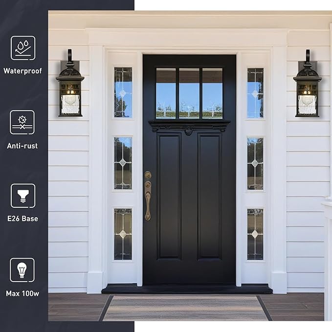 2-Pack Outdoor Wall Lanterns Exterior Waterproof Wall Sconce Light Fixture Black Outdoor Lighting Fixture with Water Ripple Glass Shade Outside Porch Light for Garage Patio and Doorway